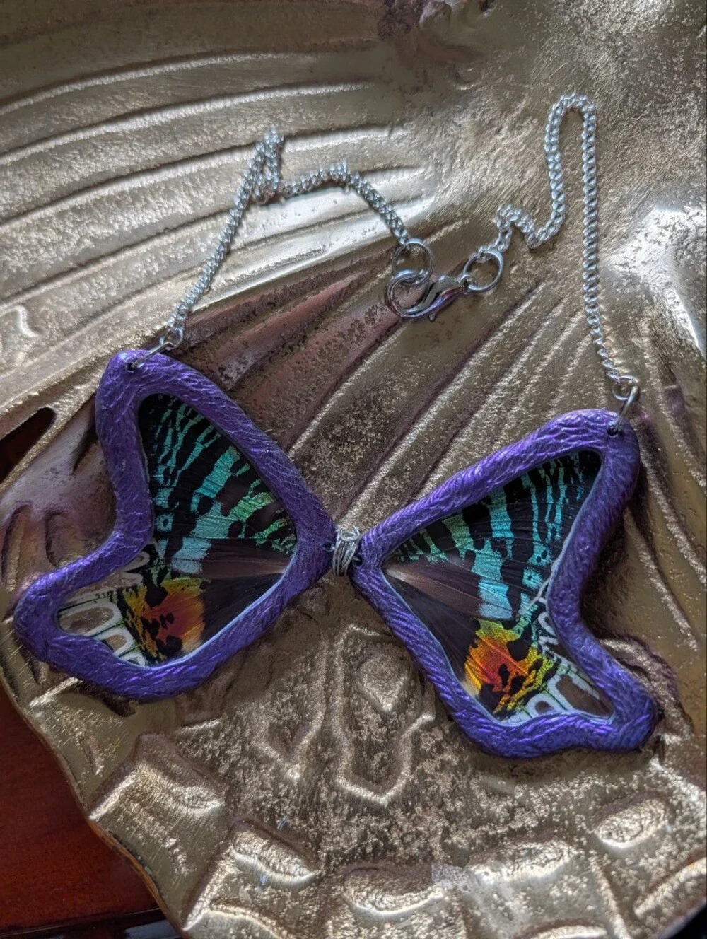 Hand Crafted Purple Butterfly Wing Necklace with Teal and Orange Accents